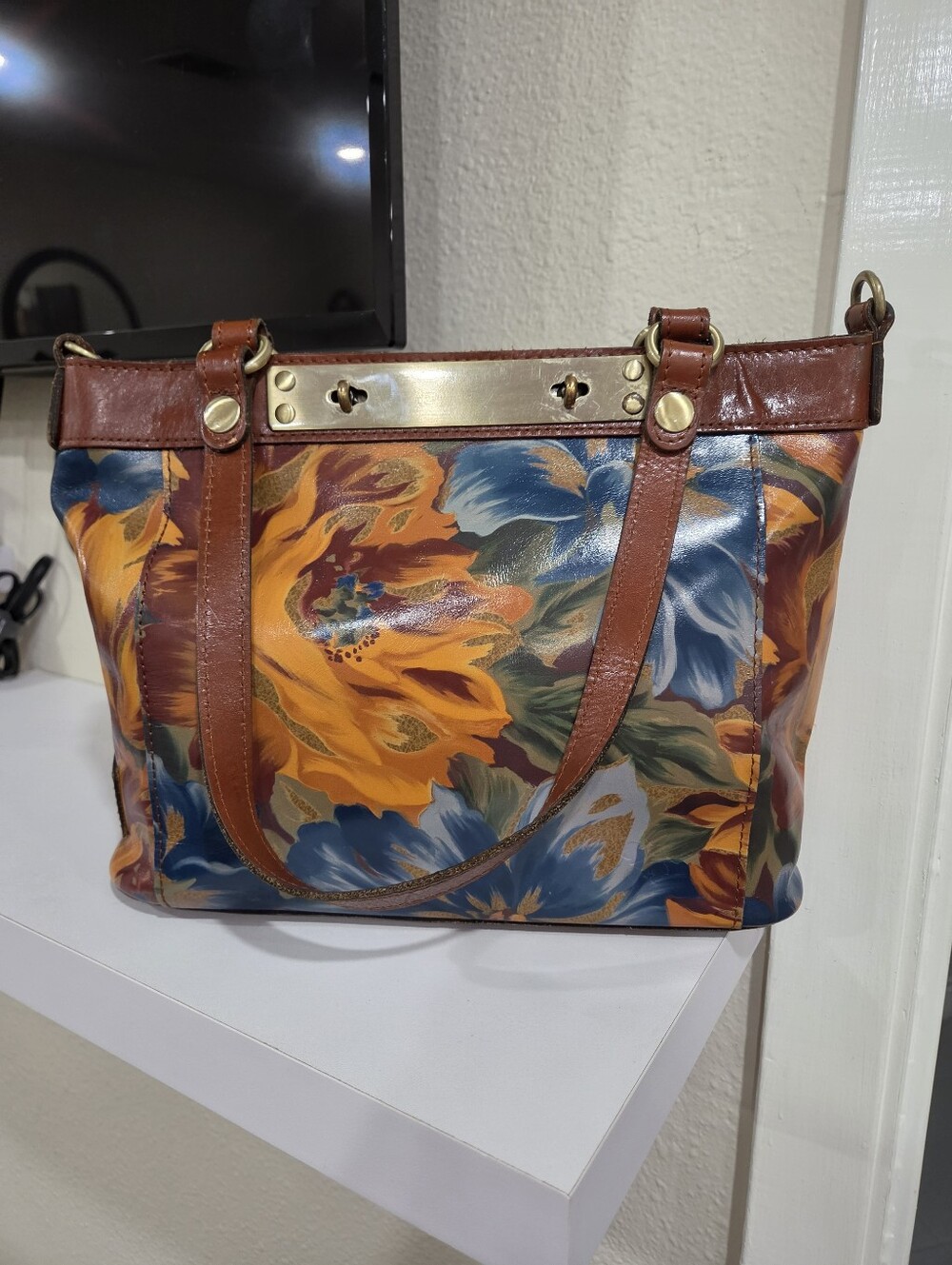 Patricia Nash Floral Leather Tote Bag in Brown and Blue